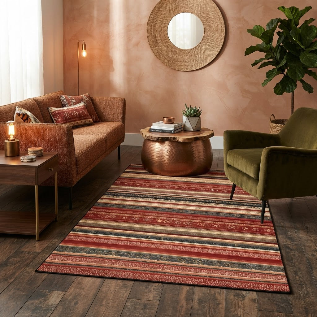 Tapis Bohème Rayé Rétro Rouge