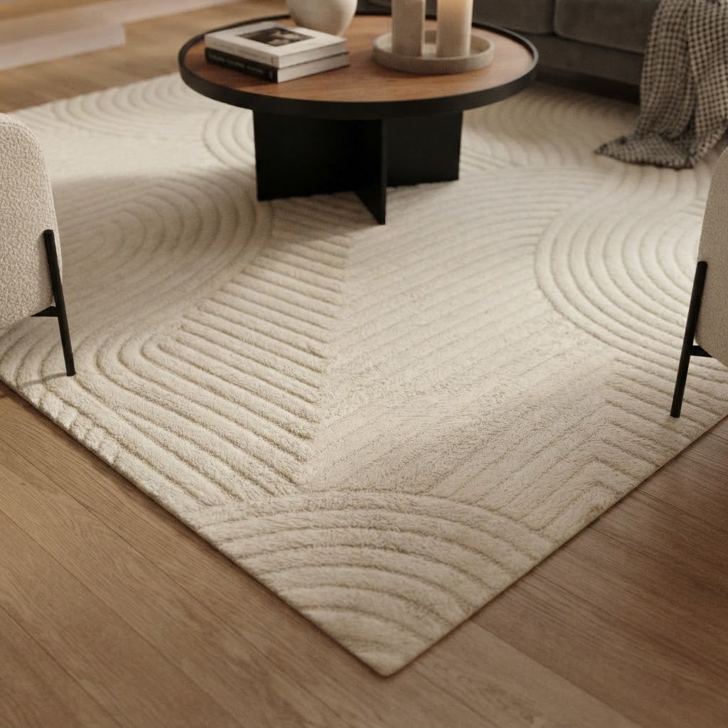 Tapis de salon crème à motif géométrique