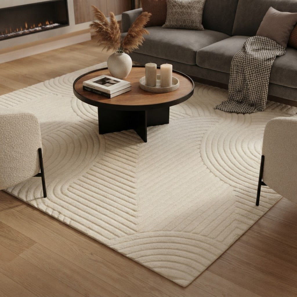 Tapis de salon crème à motif géométrique