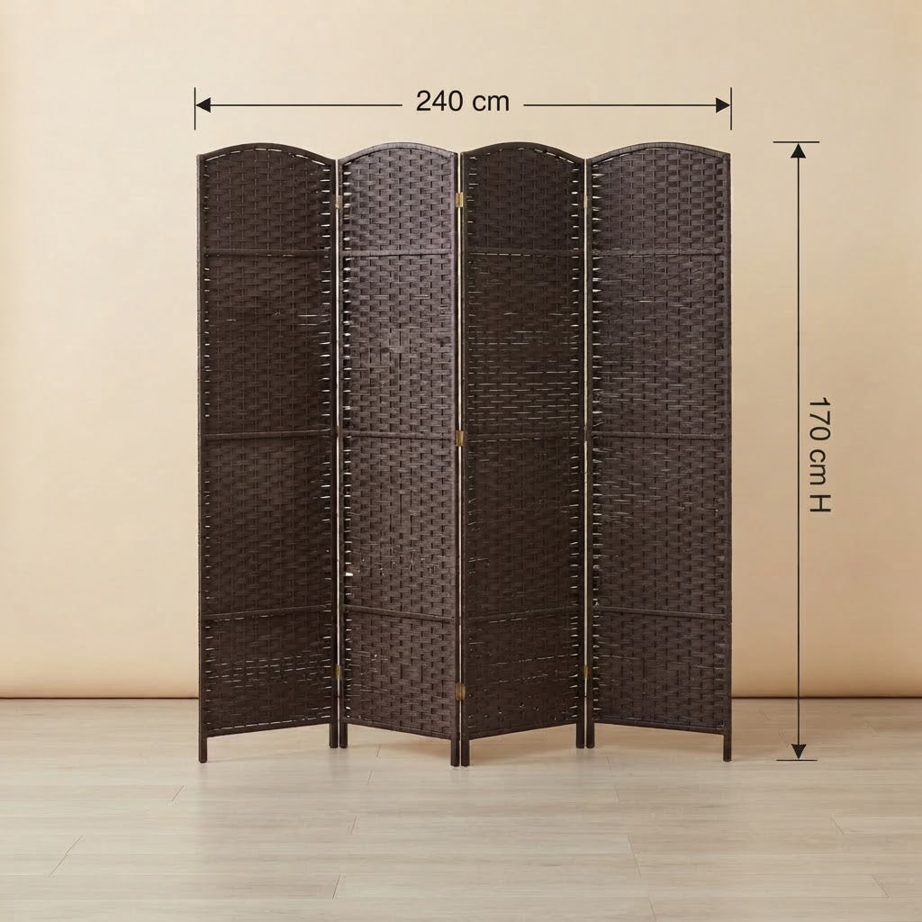 Paravent pliable en bois de pin et tissu tressé