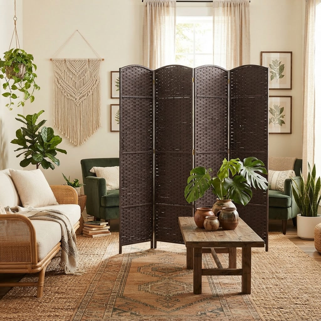 Paravent pliable en bois de pin et tissu tressé