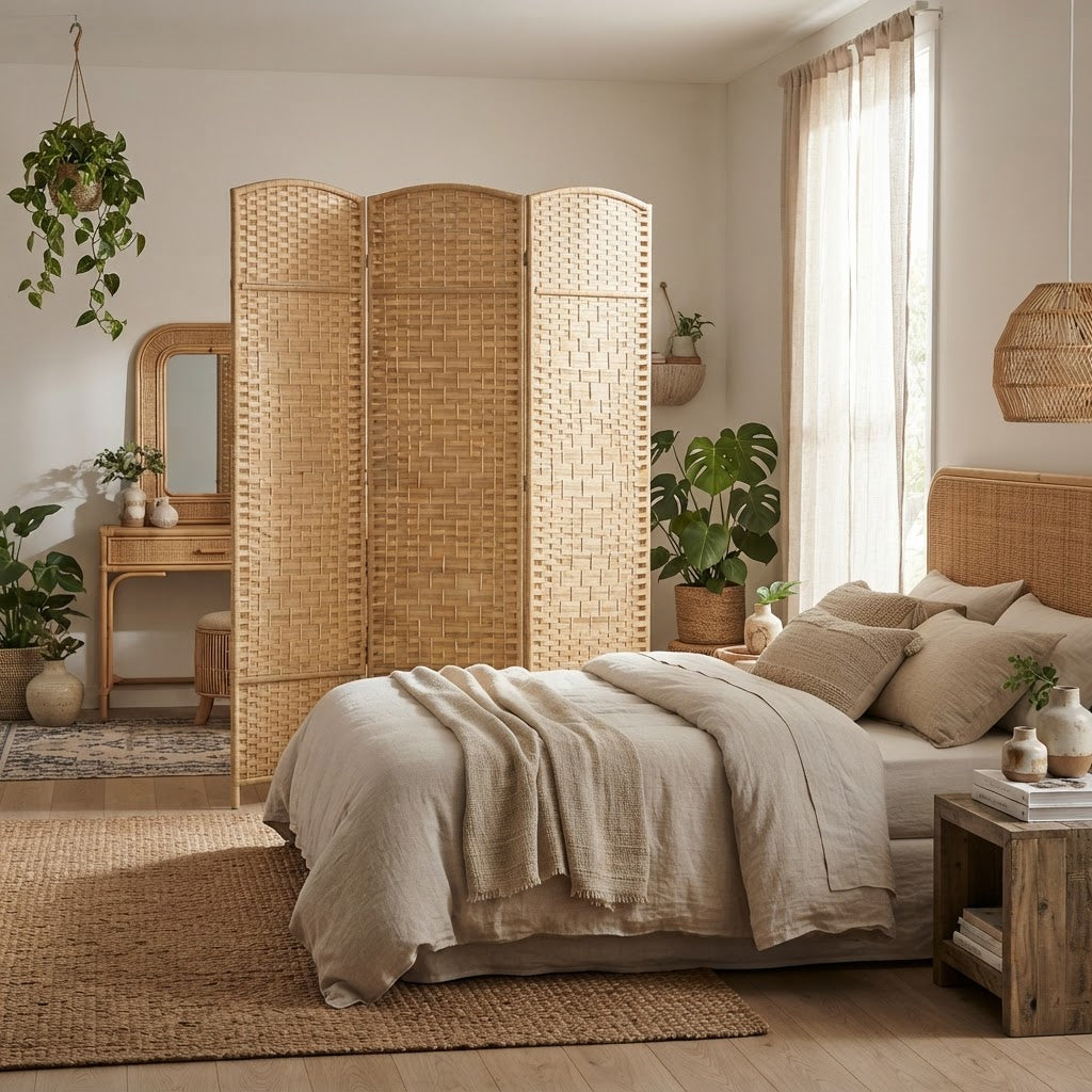 Paravent pliable 3 panneaux en tissu tressé