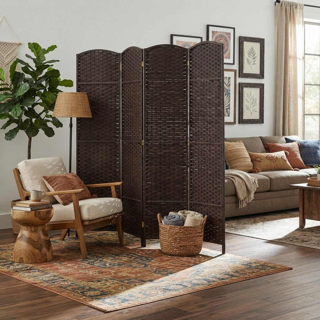 Paravent pliable en bois de pin et tissu tressé