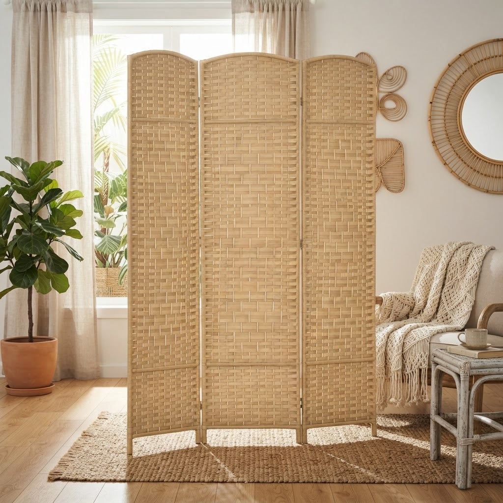 Paravent pliable 3 panneaux en tissu tressé