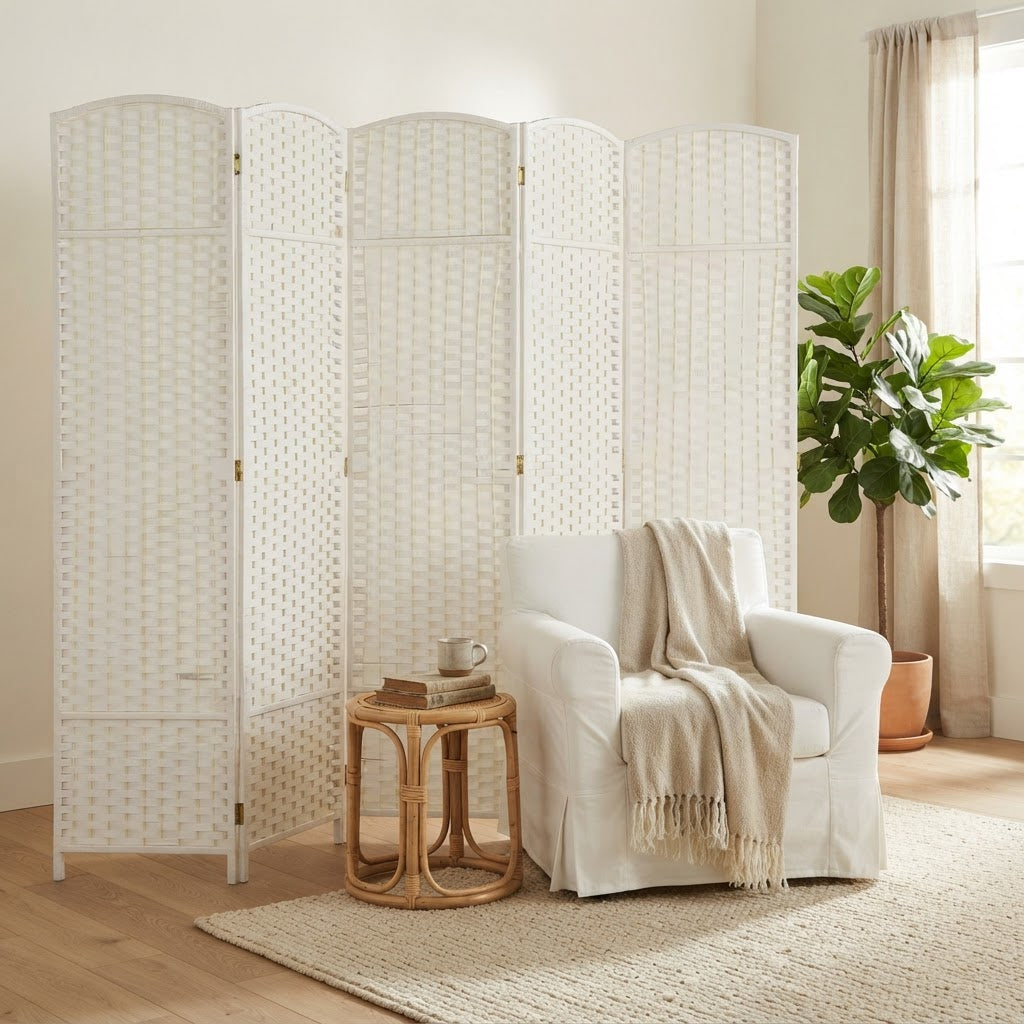 Paravent pliable 6 panneaux en bois blanc